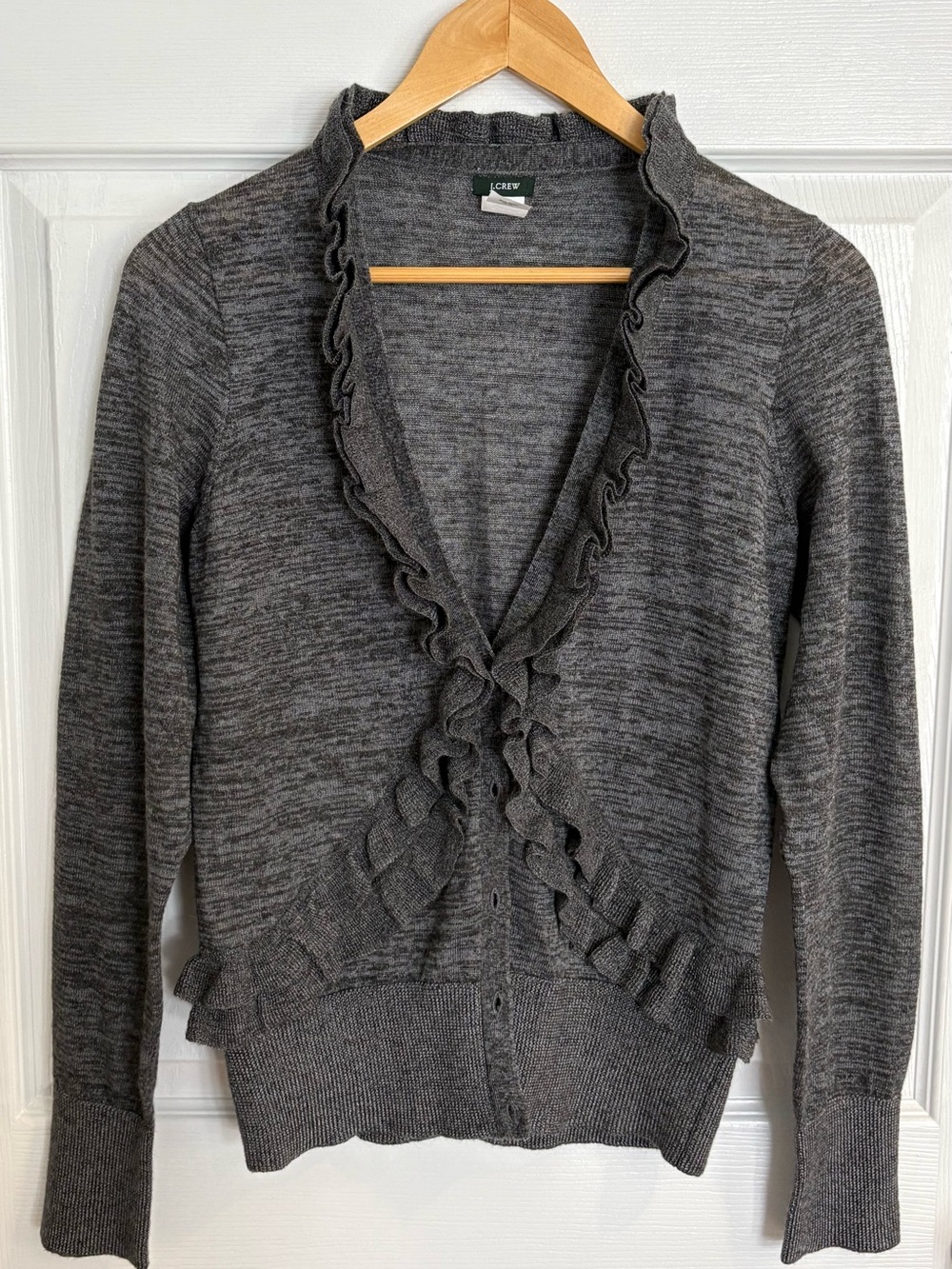 J. Crew Charcoal Gray Ruffle-Trim Cardigan